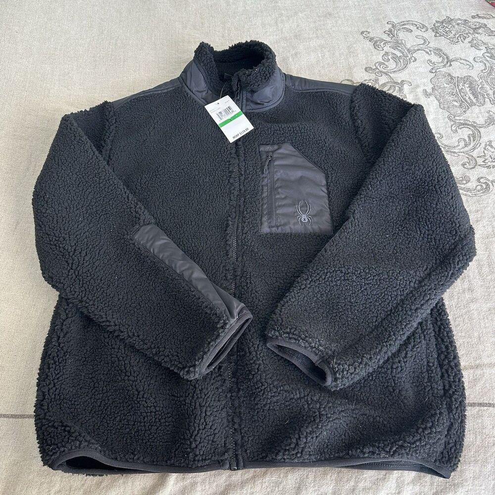 Spyder Sherpa Jacket Men’s Large Black Outdoor Full Zip Fleece Fuzzy Cozy NEW